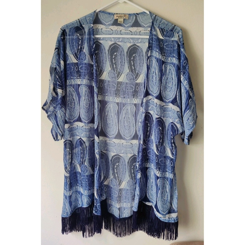 Emerald Live and Let Live Women's L Bathing Suit Cover Up Blue/White Fringe Hem